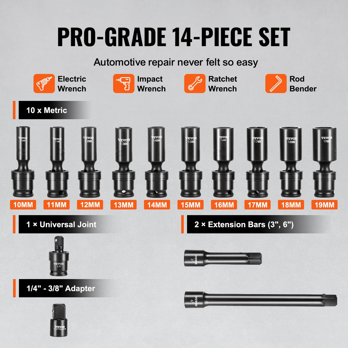 360 Degree Swivel Impact Sockets Set 14pcs 6-Point 3/8in Drive Socket Set