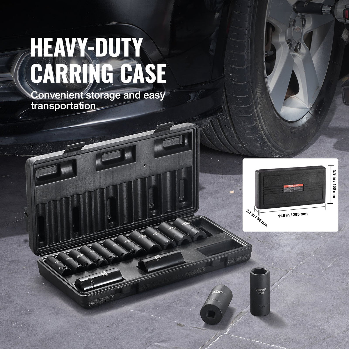 3/8" Drive Impact Socket Set, 15 Piece Deep Socket Set Metric 8-22mm, 6 Point Cr-Mo Alloy Steel for Auto Repair, Easy-to-Read Size Markings, Rugged Construction, Includes Storage Case