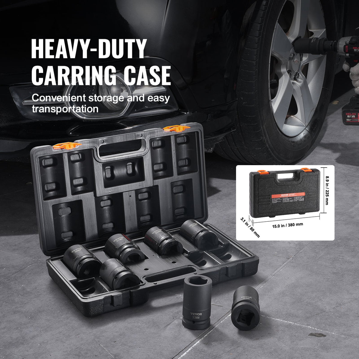 Impact Sockets Set 8pcs 6-Point 1" Drive Bit Ratchet Tool Kit Case