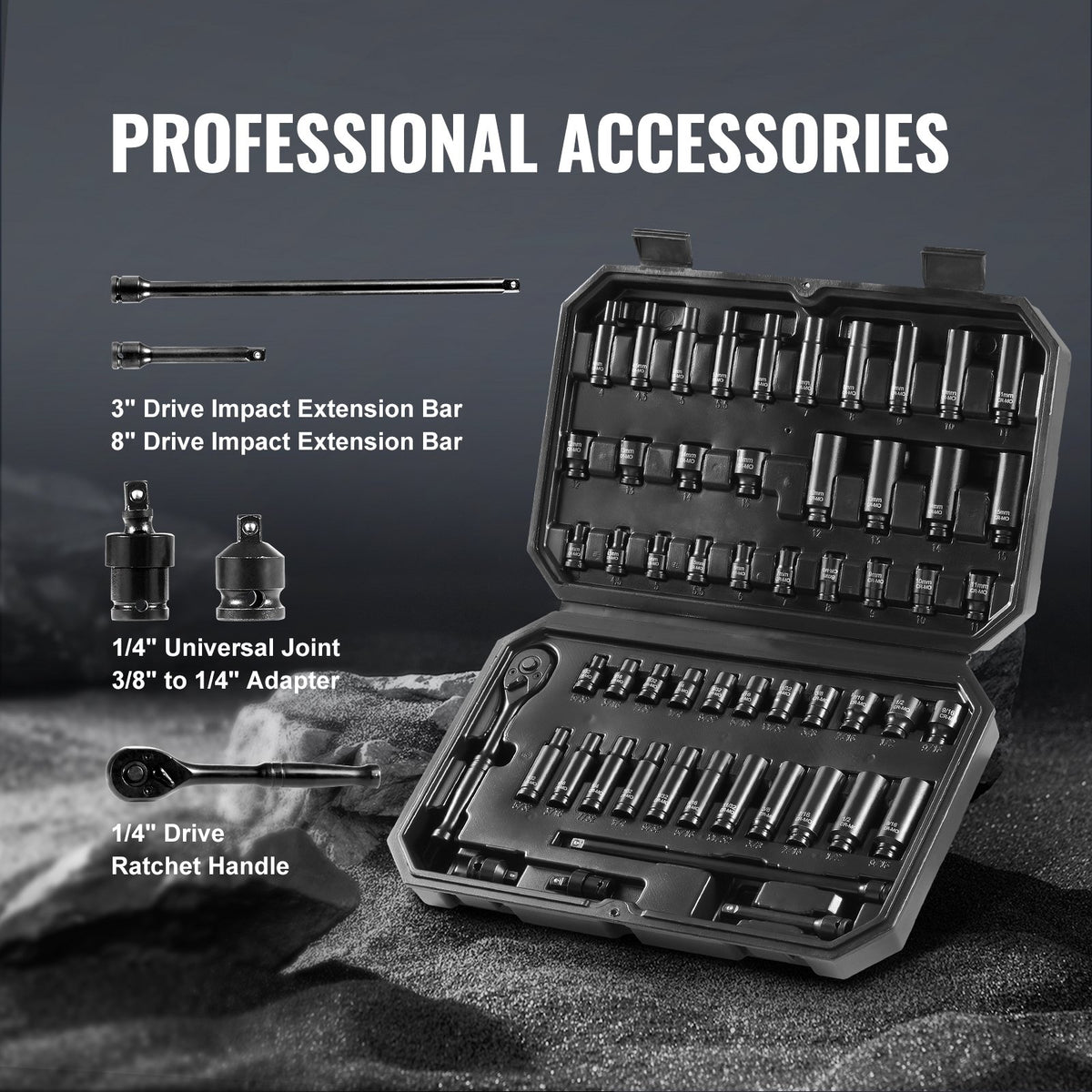 1/4" Drive Impact Socket Set, 55 Piece Deep & Shallow Socket Set SAE 5/32"-9/16" and Metric 4-15mm, 6 Point CR-V Alloy Steel for Auto Repair, Easy-to-Read Size Markings, Storage Case