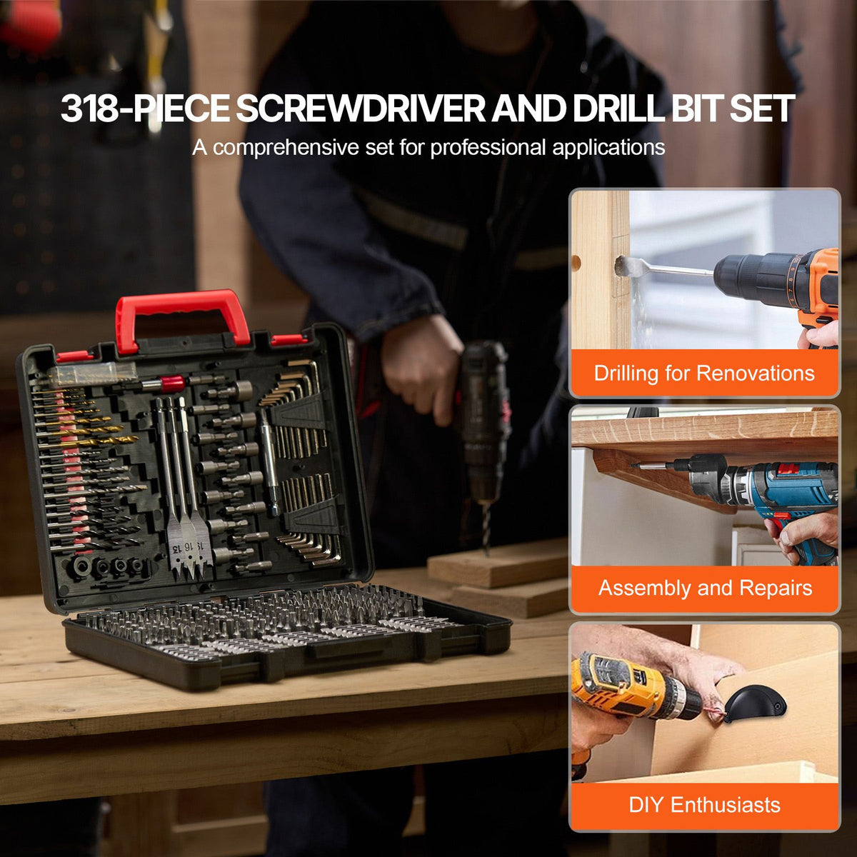 Drill Bit Set, 318 Pieces Drill and Driver Bit Set, Screwdriver Bit Set Suitable for Wood Metal Cement Drilling and Screw Driving, Drill Bit Sets Combo Kit Assorted in Organized Carrying Case
