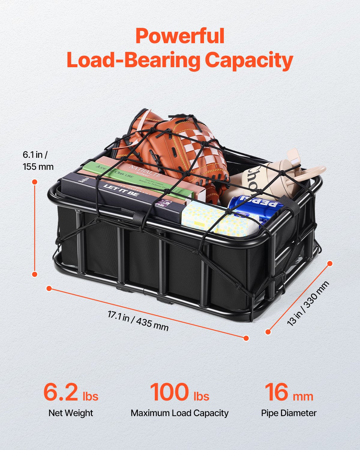 Rear Bike Basket, Medium Bicycle Basket with Cargo Net, Liner & Waterproof Cover, Heavy Duty Bike Back Basket for Adult Women/Men Carrying Dogs, Pets, Fruit & Grocery, Mounting Tools Included
