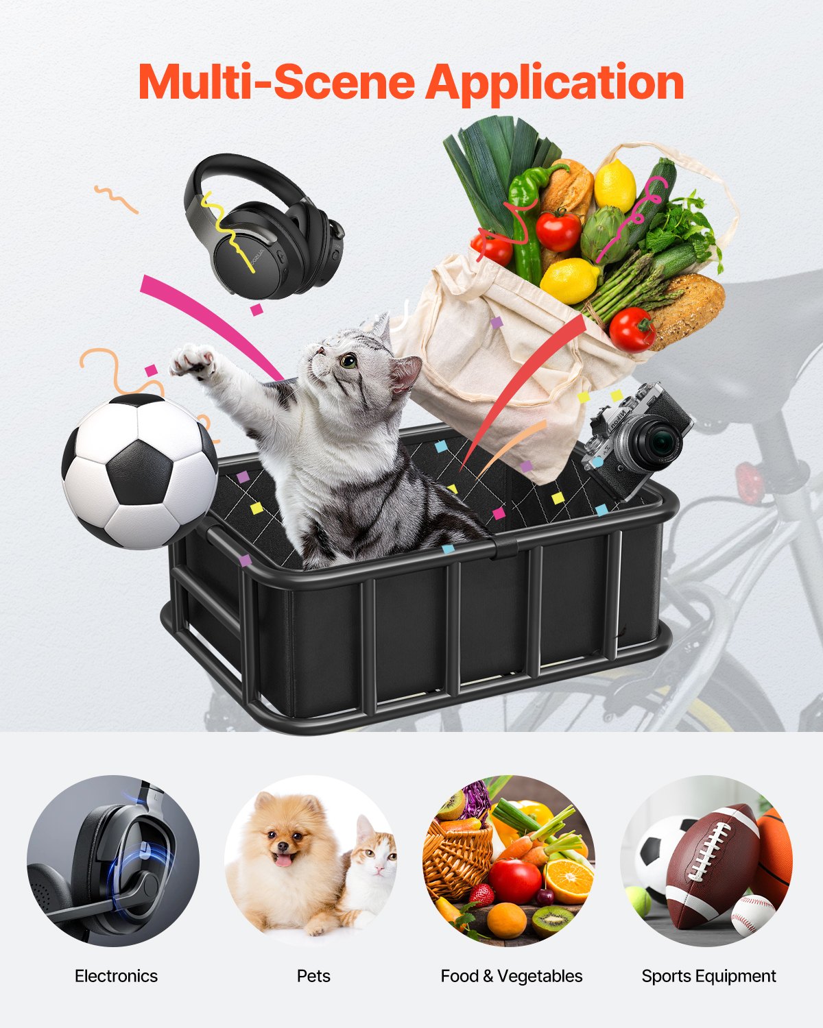 Rear Bike Basket, Medium Bicycle Basket with Cargo Net, Liner & Waterproof Cover, Heavy Duty Bike Back Basket for Adult Women/Men Carrying Dogs, Pets, Fruit & Grocery, Mounting Tools Included