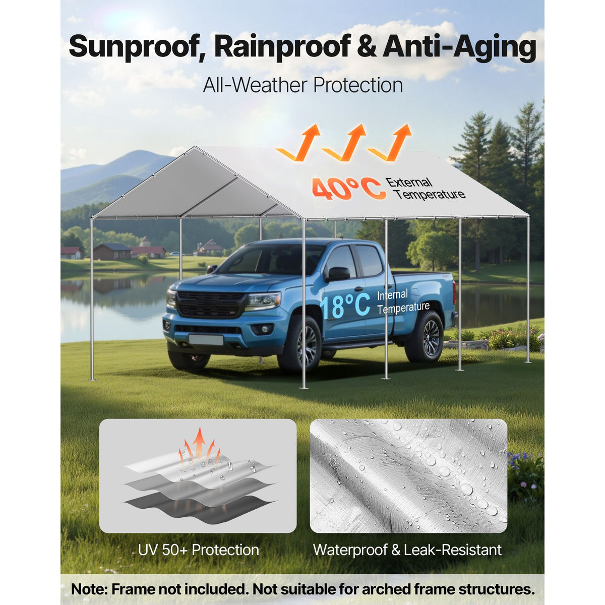 Carport Replacement Canopy, 6 x 3 m Potable Garage Tent Top Tarp, UV-Resistant & Waterproof Car Shelter Tarp, Heavy Duty Car Port Cover with Ball Buggees, Grey, Frame Not Included