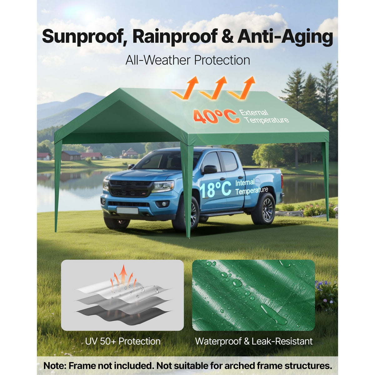 Carport Replacement Canopy, 6 x 3 m Potable Garage Tent Top Tarp, UV-Resistant & Waterproof Car Shelter Tarp, Heavy Duty Car Port Cover with Ball Buggees, Dark Green, Frame Not Included