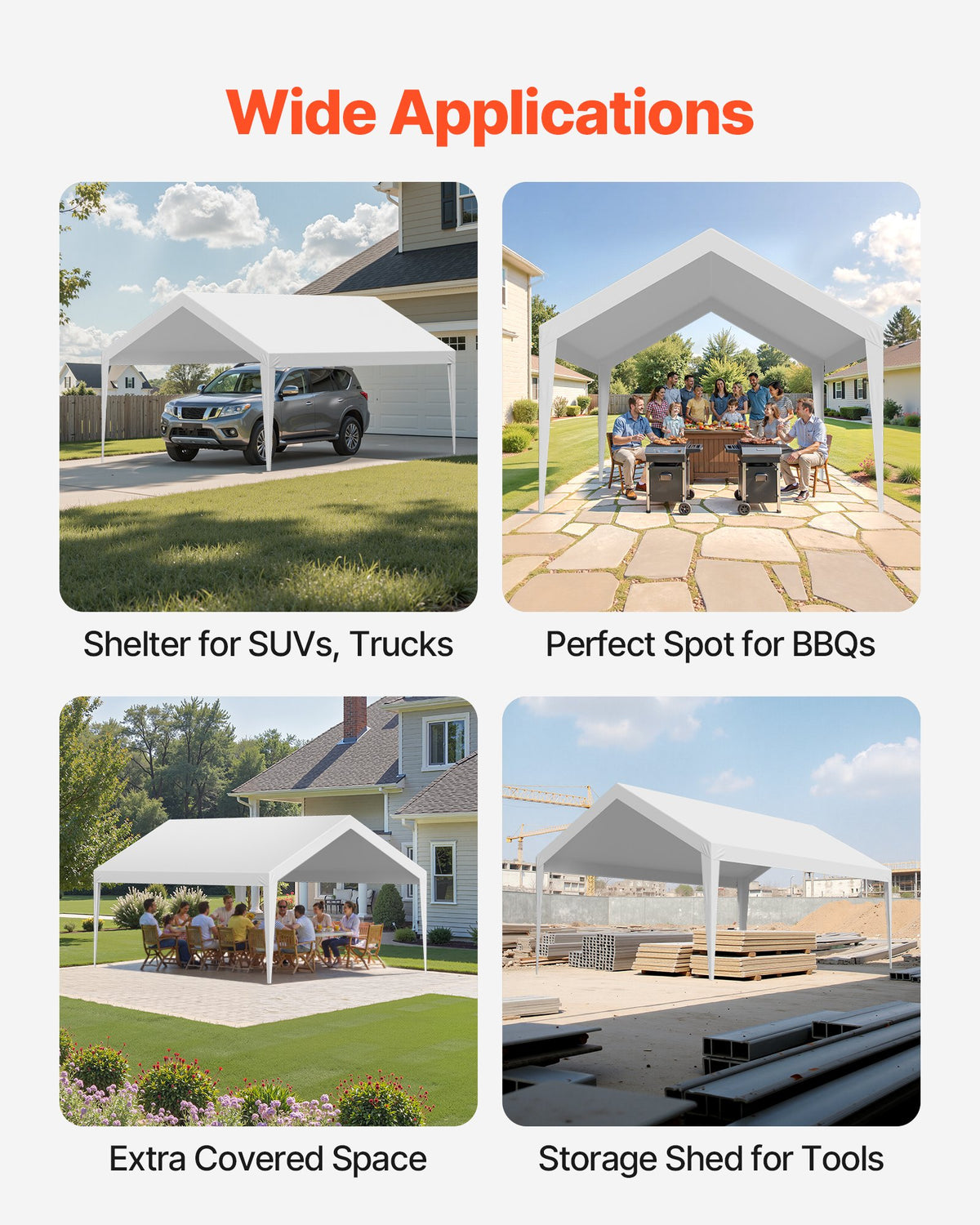 Carport Replacement Canopy, 6 x 3.6 m Potable Garage Tent Top Tarp, UV-Resistant & Waterproof Car Shelter Tarp, Heavy Duty Car Port Cover with Ball Buggees, White, Frame Not Included