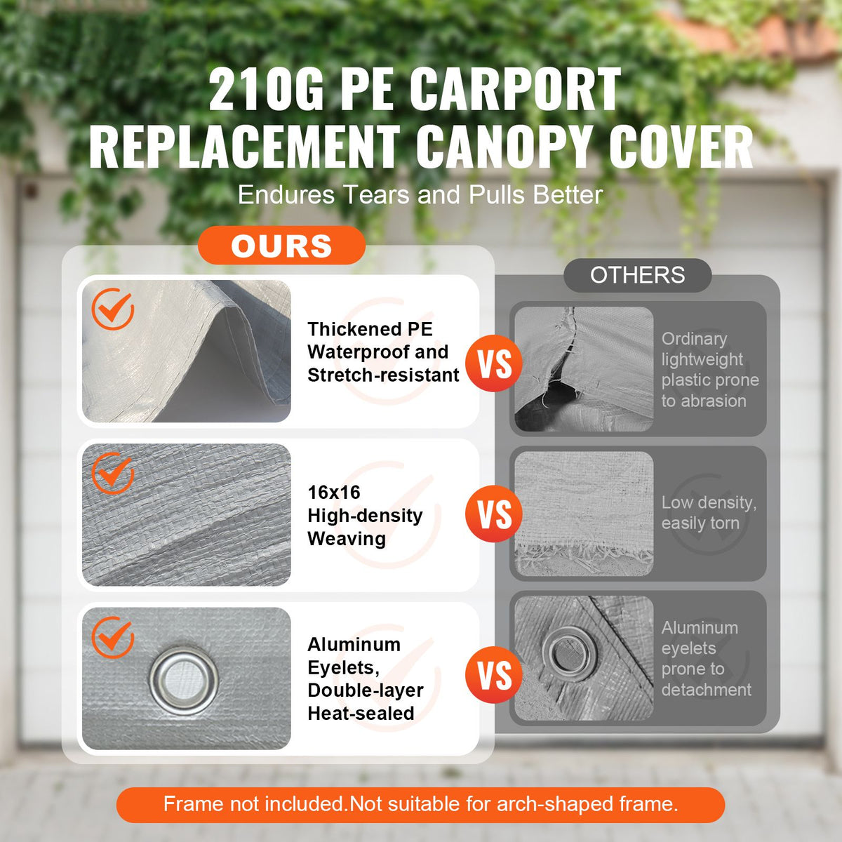Carport Replacement Canopy Cover 12 x 20 ft, Garage Top Tent Shelter Tarp Heavy-Duty Waterproof & UV Protected, Easy Installation with Ball Bungees,Grey (Only Top Cover, Frame Not Include)