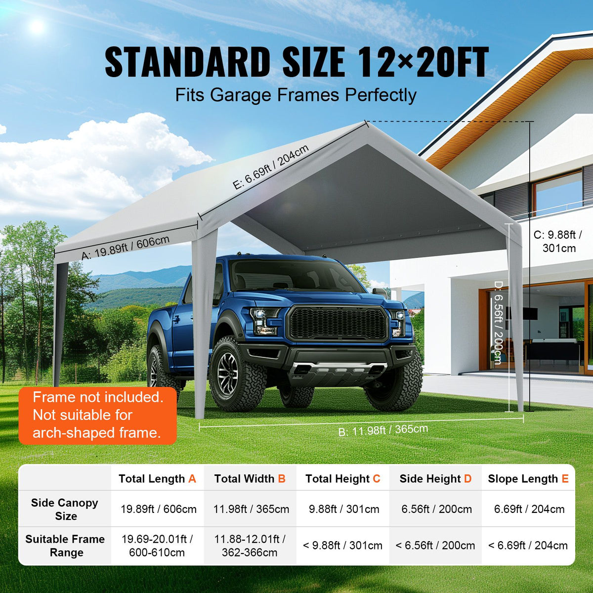 Carport Replacement Canopy Cover 12 x 20 ft, Garage Top Tent Shelter Tarp Heavy-Duty Waterproof & UV Protected, Easy Installation with Ball Bungees,Grey (Only Top Cover, Frame Not Include)