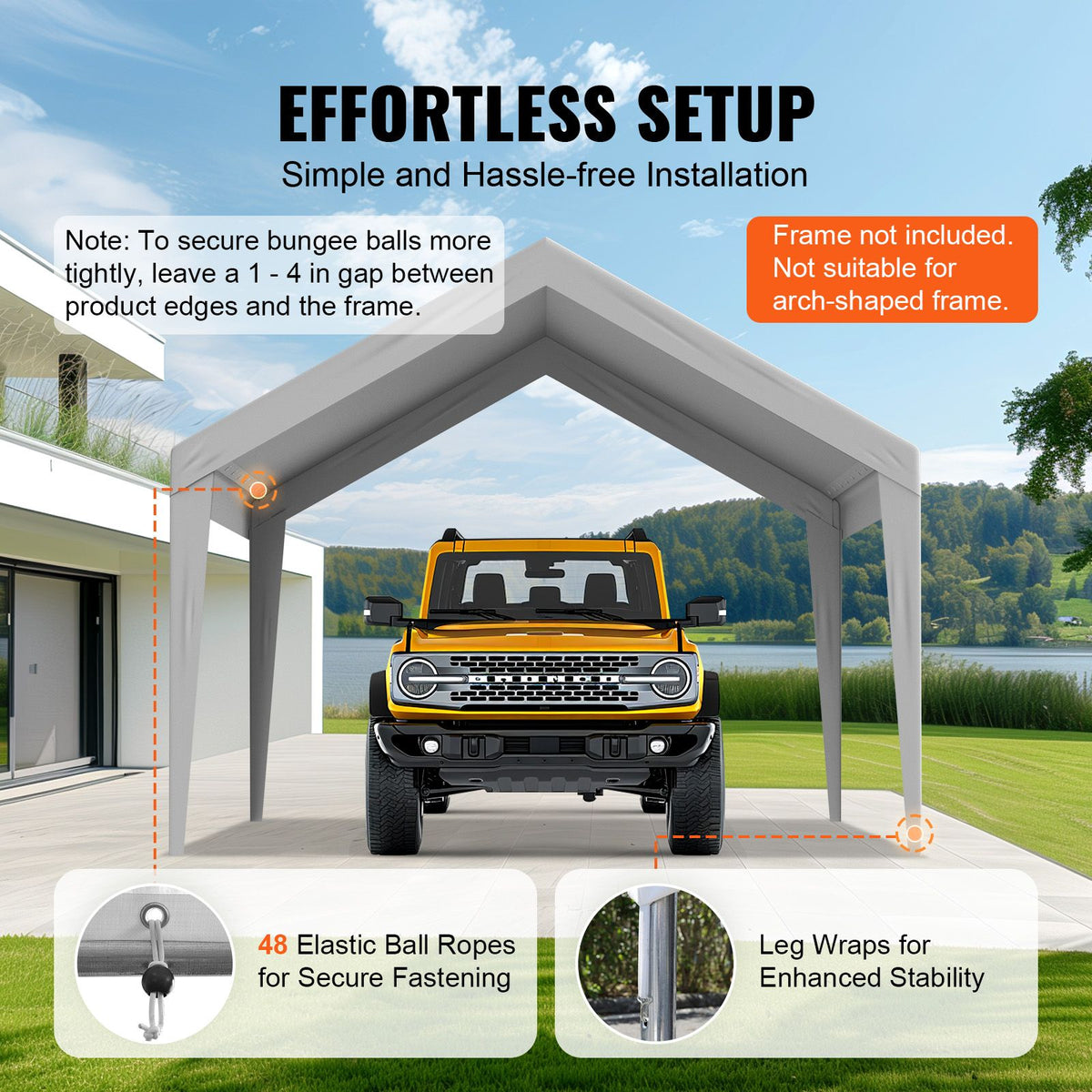Carport Replacement Canopy Cover 12 x 20 ft, Garage Top Tent Shelter Tarp Heavy-Duty Waterproof & UV Protected, Easy Installation with Ball Bungees,Grey (Only Top Cover, Frame Not Include)