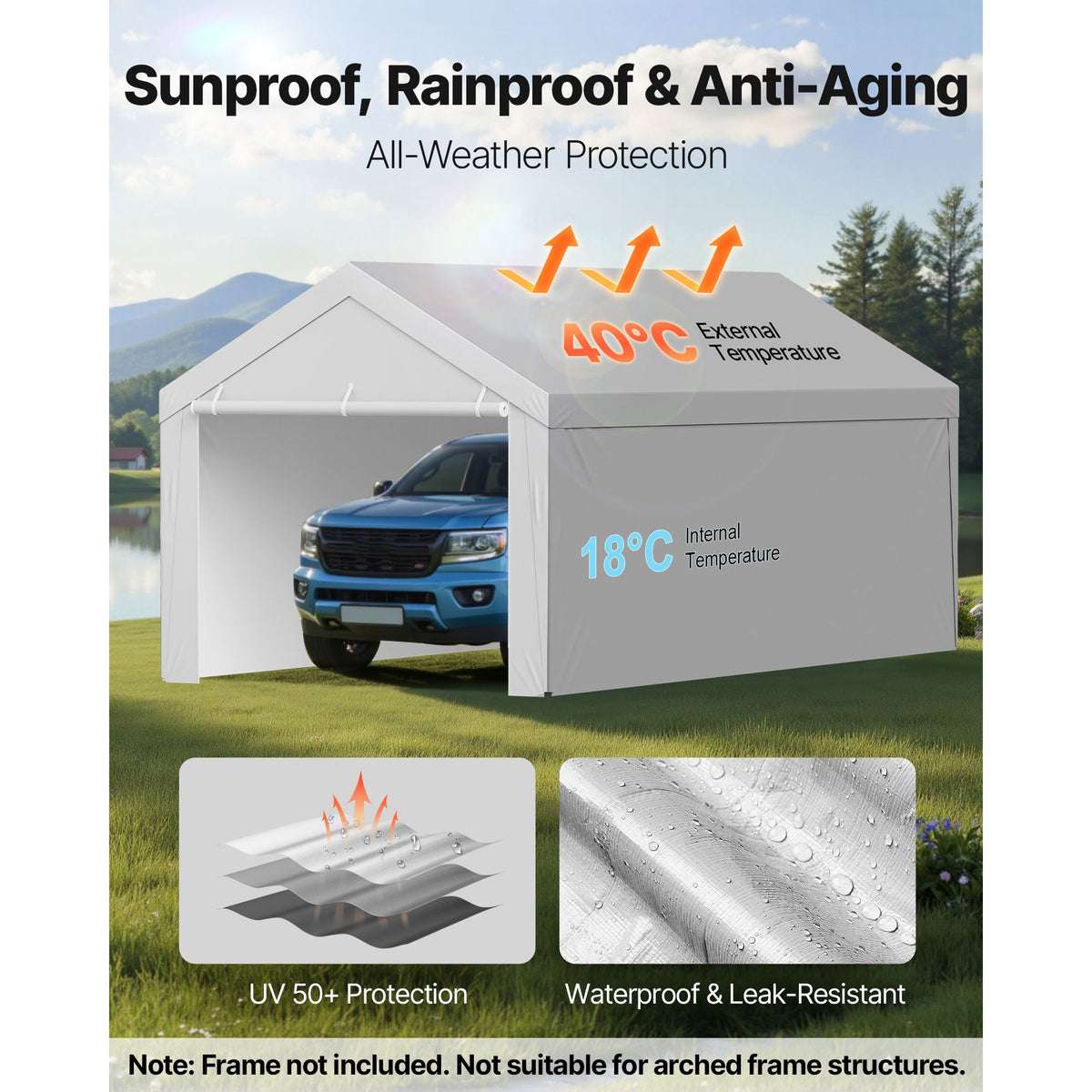 Carport Replacement Canopy, 6x 3.6 m Potable Garag - V952-CKPB12X20FTHX72QR001V0