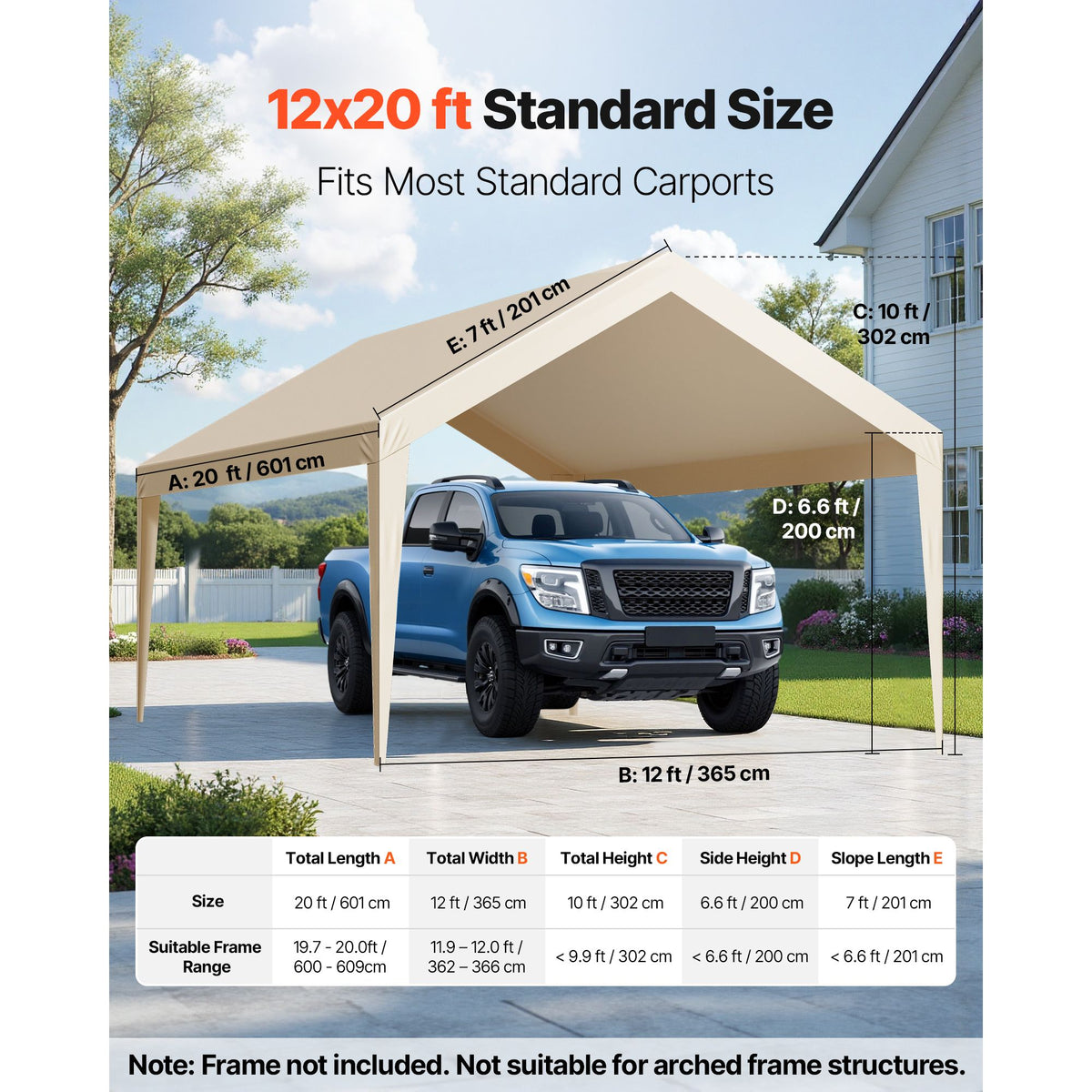 Carport Replacement Canopy, 6 x 3.6 m Potable Garage Tent Top Tarp, UV-Resistant & Waterproof Car Shelter Tarp, Heavy Duty Car Port Cover with Ball Buggees, Beige, Frame Not Included