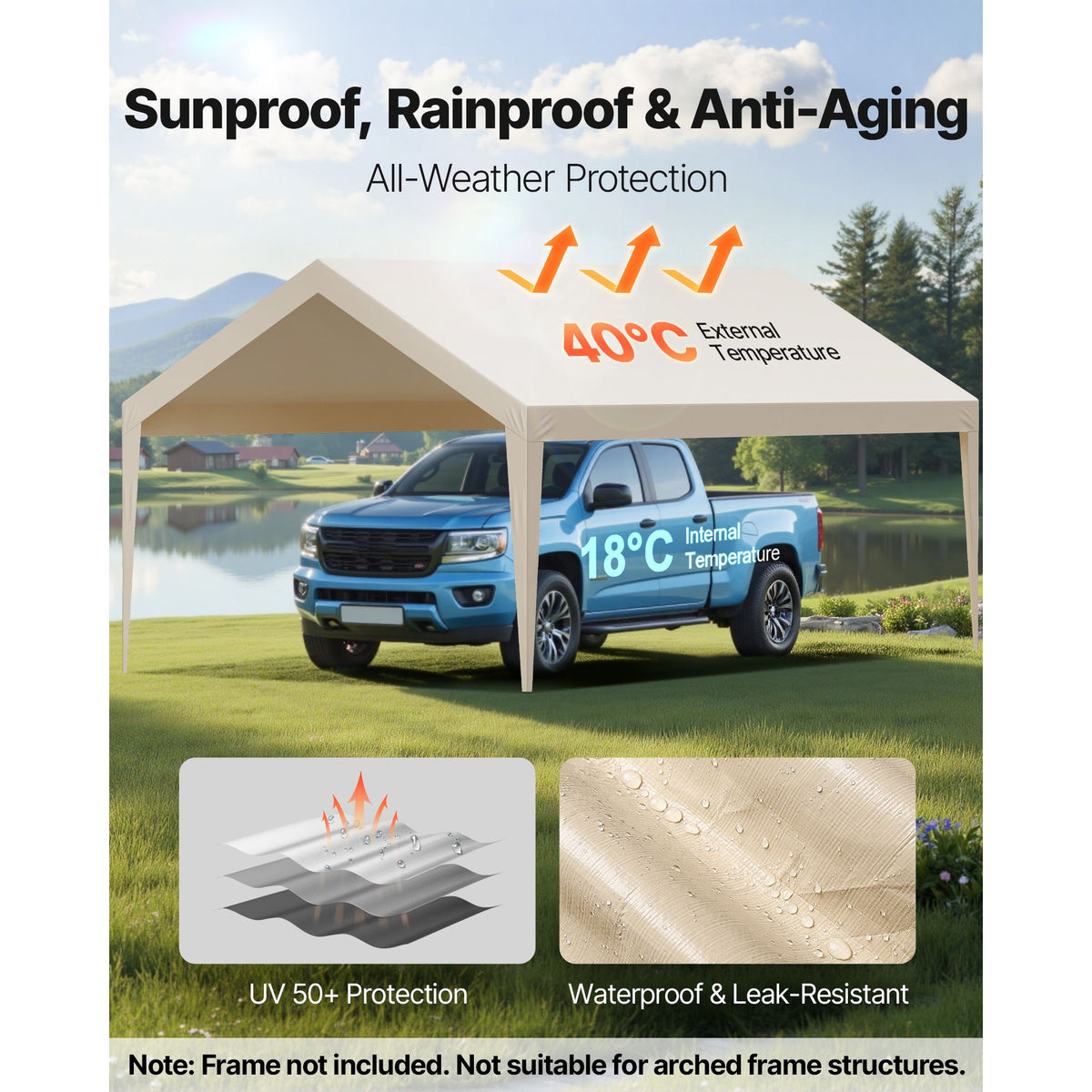 Carport Replacement Canopy, 6 x 3.6 m Potable Garage Tent Top Tarp, UV-Resistant & Waterproof Car Shelter Tarp, Heavy Duty Car Port Cover with Ball Buggees, Beige, Frame Not Included