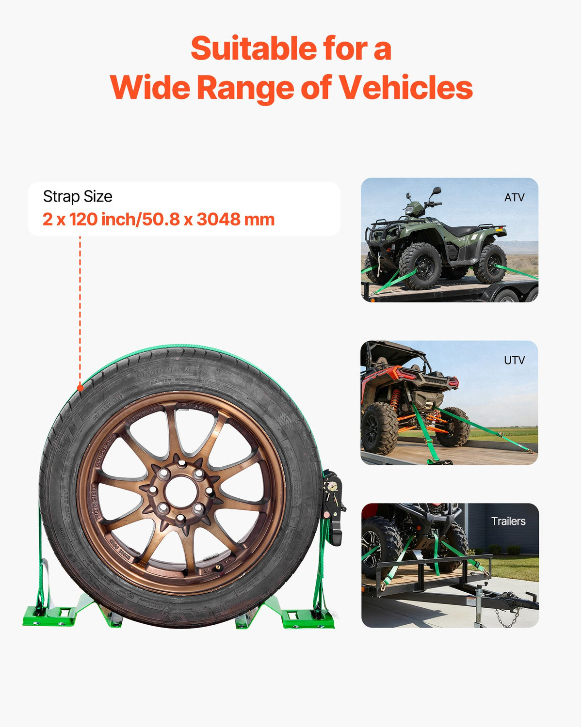 Wheel Chock Tie-Down Kit, Chock-Style Trailer Tie Down Strap, Car Tie Down Kit with Buckle, Break Strength 1986.73 kg & Working Load 662 kg Motorcycle Tie-Down System for ATVs, UTVs & Trailers
