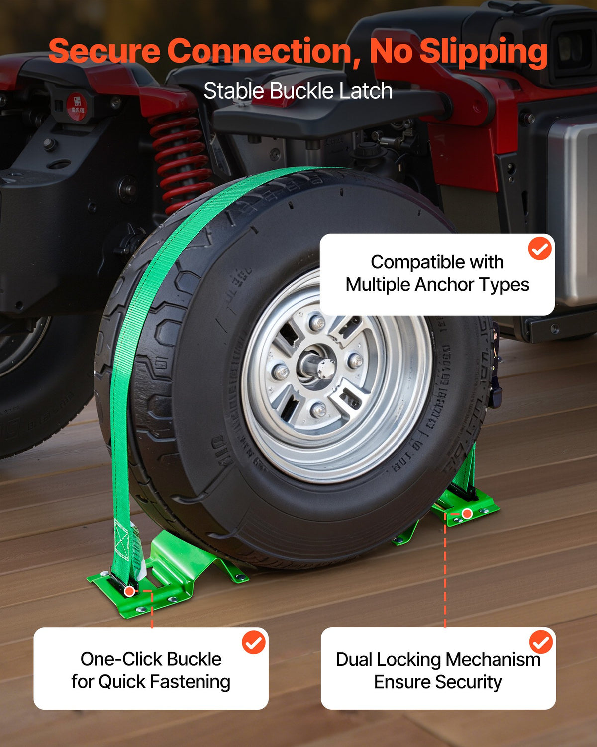 Wheel Chock Tie-Down Kit, Chock-Style Trailer Tie Down Strap, Car Tie Down Kit with Buckle, Break Strength 1986.73 kg & Working Load 662 kg Motorcycle Tie-Down System for ATVs, UTVs & Trailers