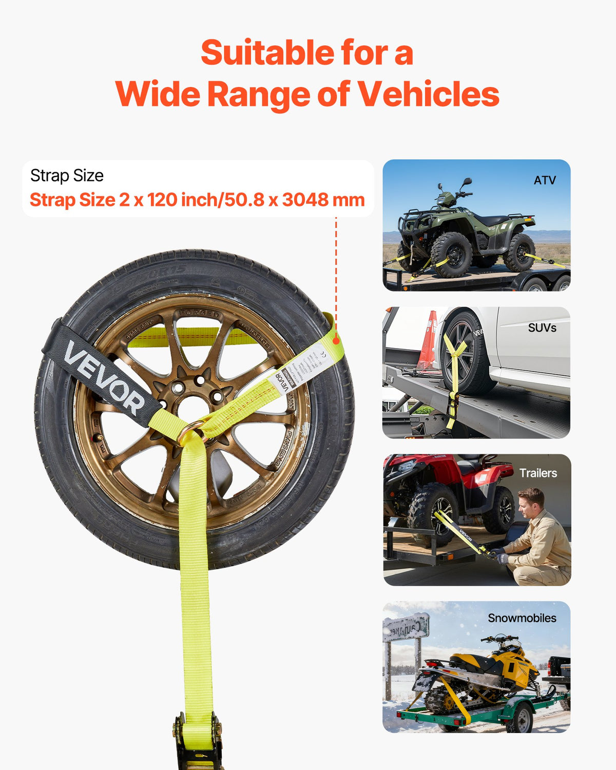 Wheel Chock Tie-Down Kit, Tire-Style Motorcycle Tie-Down System, Car Tie Down Kit with Flat Hook, Break Strength 4540 kg & Working Load 1512 kg Trailer Tie Down Strap for ATVs, SUVs, Trailers