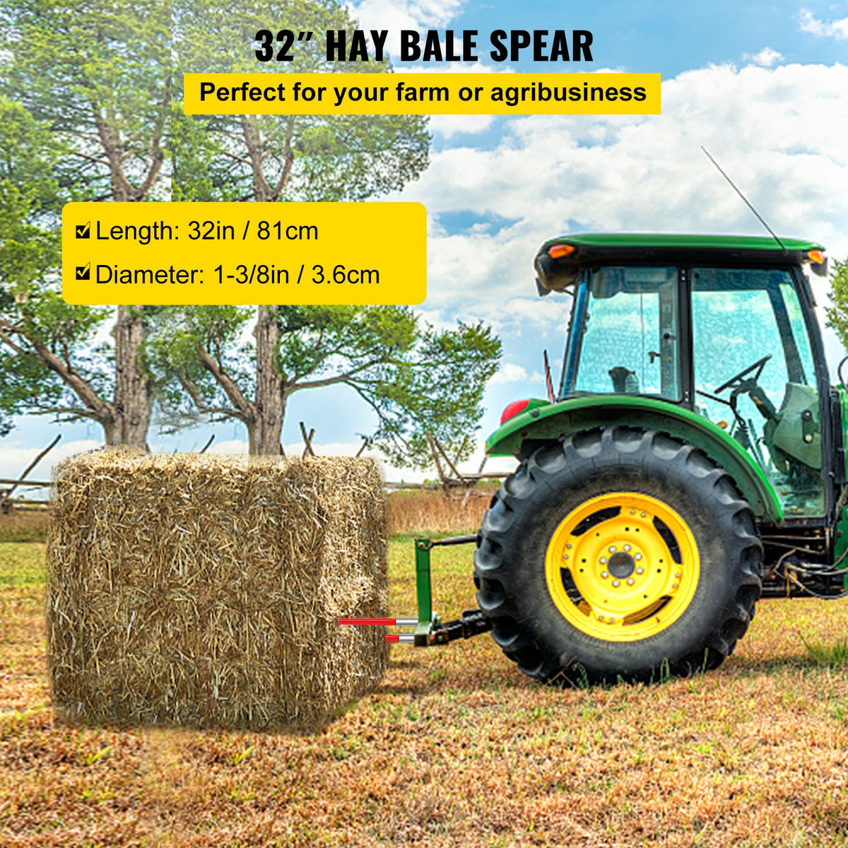 Hay Spear 32" Bale Spear 1350 lbs Capacity, Bale Spike Quick Attach Square Hay Bale Spears 1.4" Wide, Red Coated Bale Forks, Bale Hay Spike with Hex Nut & Sleeve for Buckets Tractors Loaders