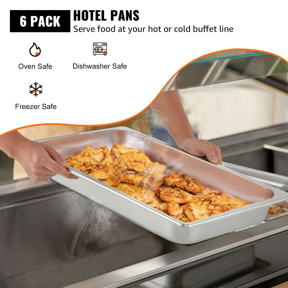 Hotel Pans Full Size 2.5 Inch Deep, Steam Table Pan 6 Pack , 22 Gauge/0.8mm Thick Stainless Steel Hotel Pan Anti Jam Steam Table Pan