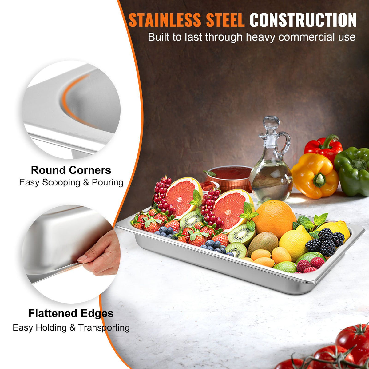 Hotel Pans Full Size 2.5 Inch Deep, Steam Table Pan 6 Pack , 22 Gauge/0.8mm Thick Stainless Steel Hotel Pan Anti Jam Steam Table Pan