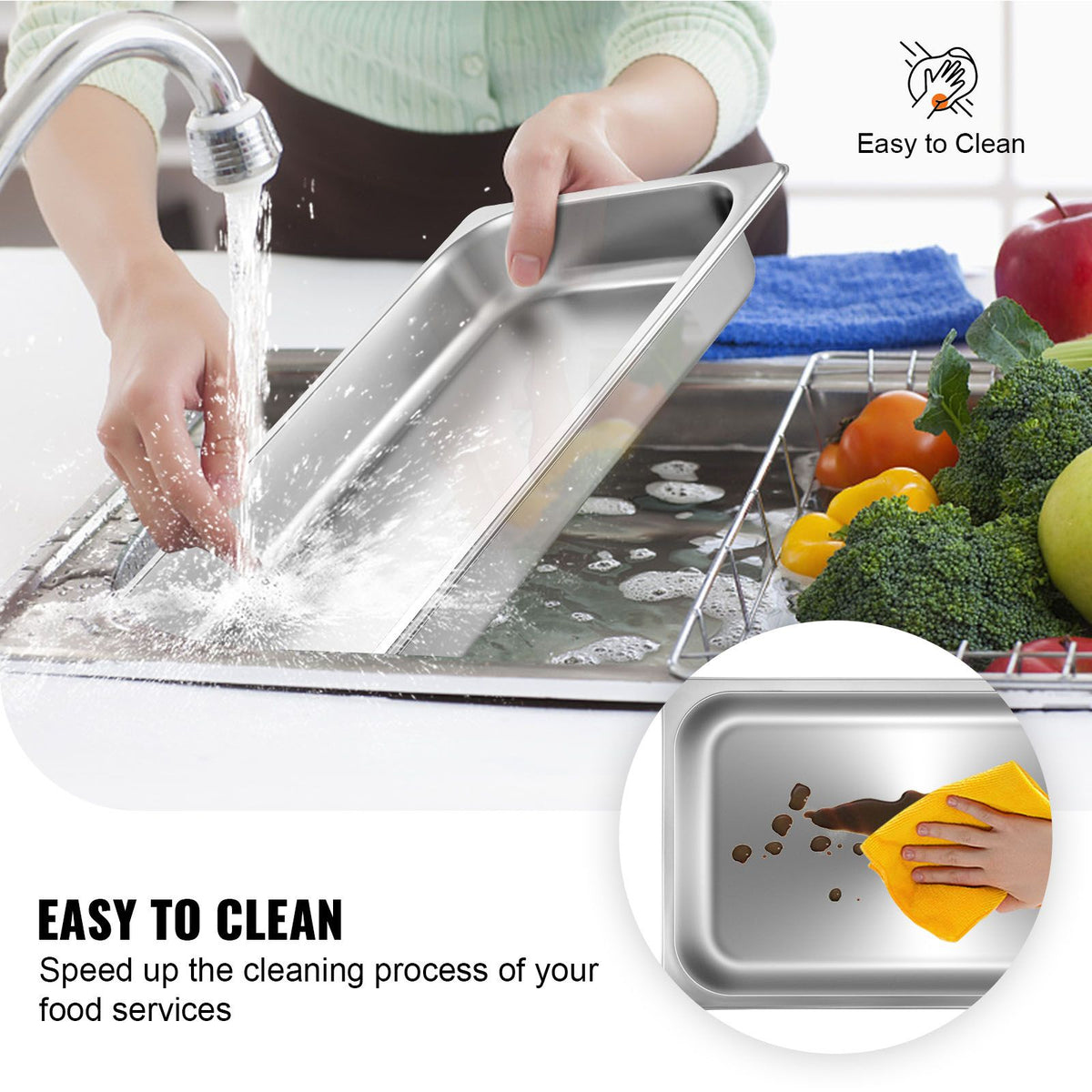 Hotel Pans Full Size 2.5 Inch Deep, Steam Table Pan 6 Pack , 22 Gauge/0.8mm Thick Stainless Steel Hotel Pan Anti Jam Steam Table Pan