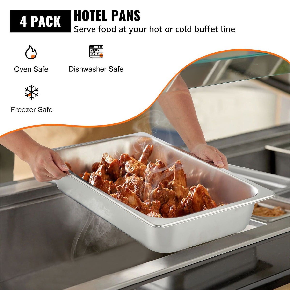 4 Pack Hotel Pan 3.7" Deep Steam Table Pan Full Size with Lid 20.8"L x 13"W Hotel Pan 22 Gauge Stainless Steel Anti Jam Steam Table Pan