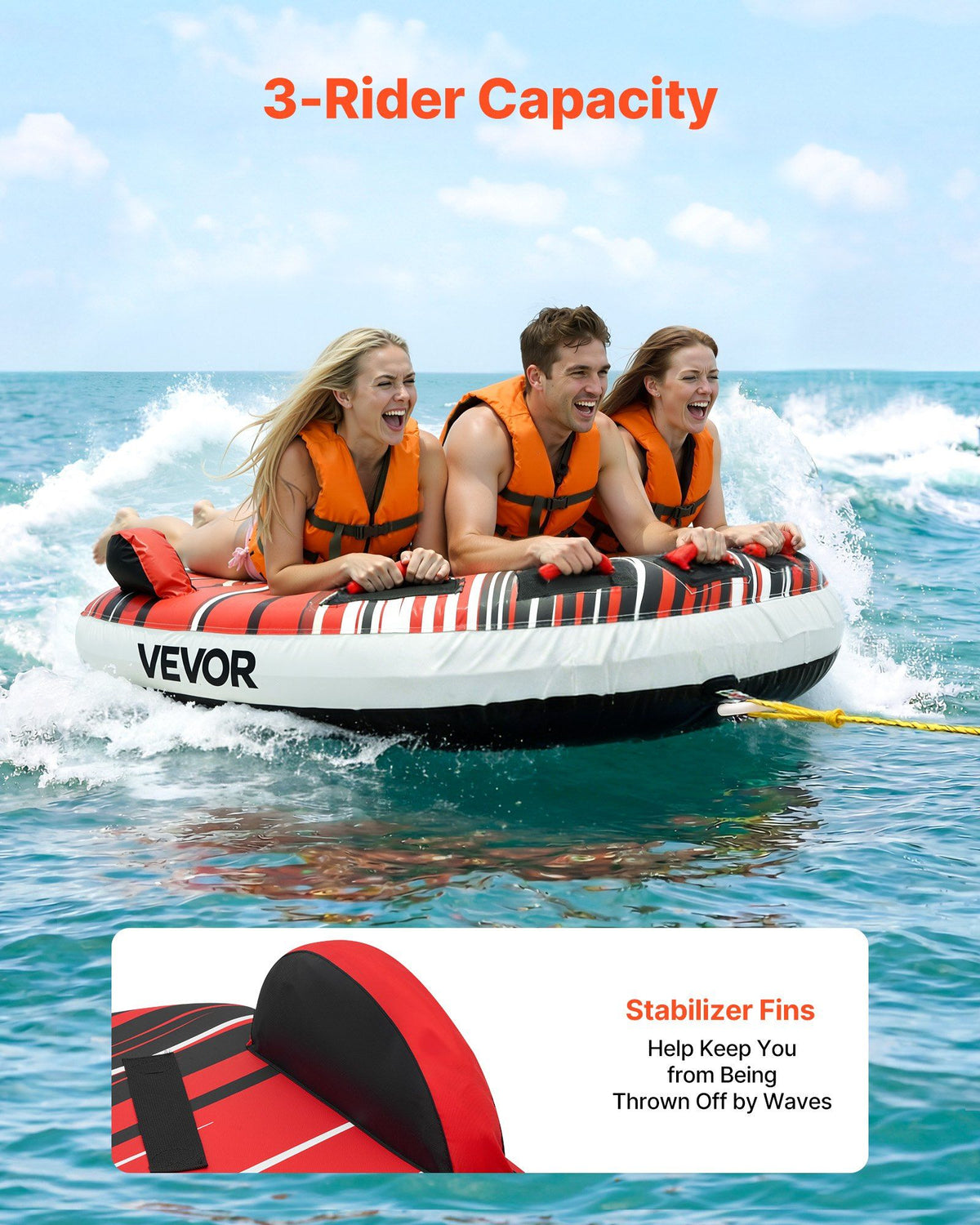 Towable Tube for Boating, 3 Riders Inflatable Boat Tubes and Towables, 231 kg Capacity Water Sport Towable Tube for Boat to Pull - with Fins, Full Nylon Cover, Padded Handles & Safety Valve