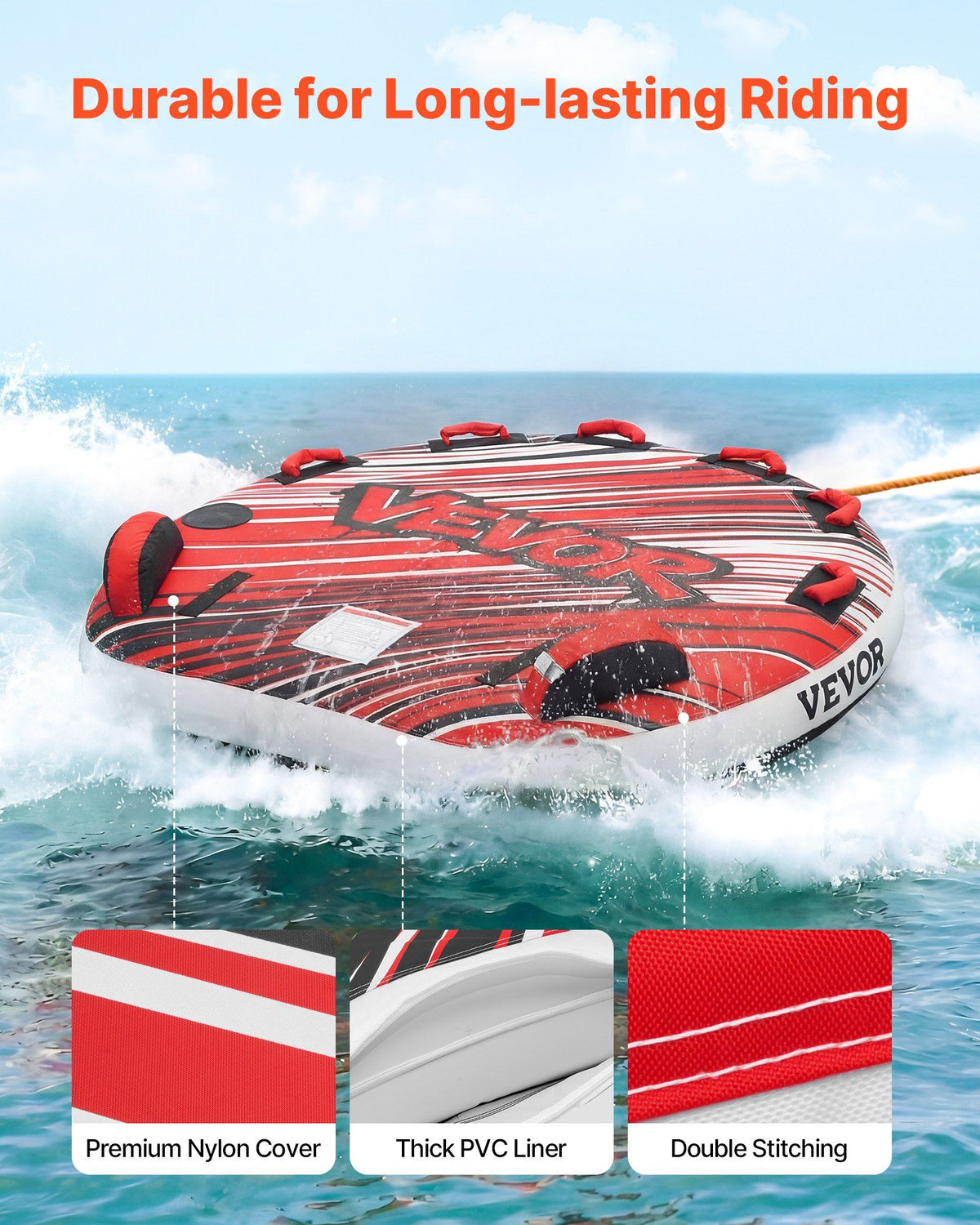 Towable Tube for Boating, 3 Riders Inflatable Boat Tubes and Towables, 231 kg Capacity Water Sport Towable Tube for Boat to Pull - with Fins, Full Nylon Cover, Padded Handles & Safety Valve