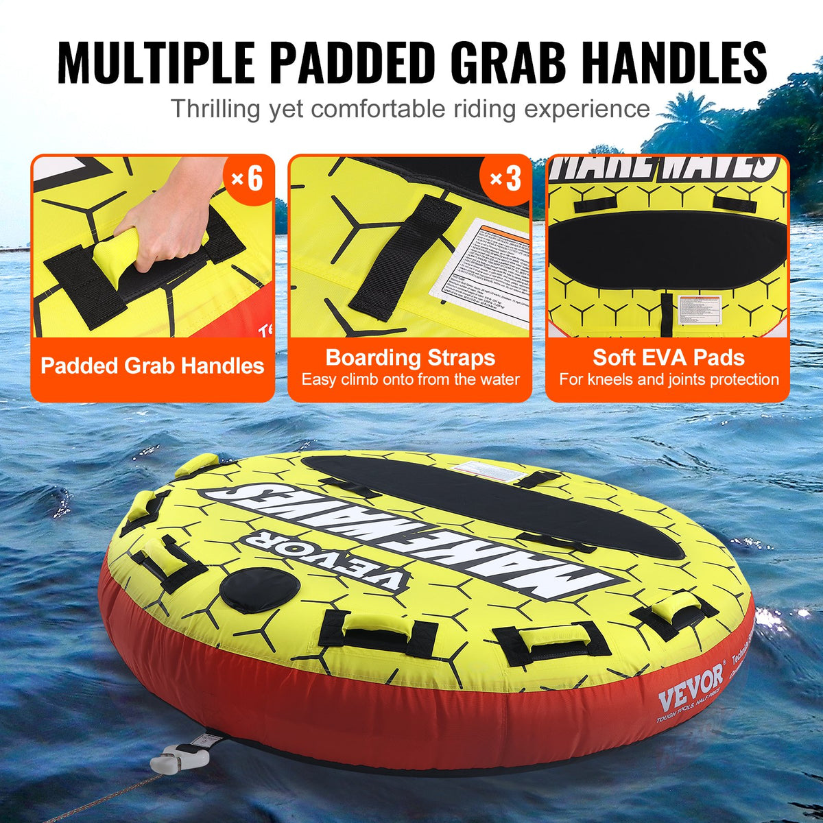 Towable Tube for Boating, 1-3 Riders Inflatable Boat Tubes and Towables, 510 lbs, 63" Round Water Sport Towable Tubes for Boats to Pull, Full Nylon Cover, EVA Grab Handles and Speed Safety Valve