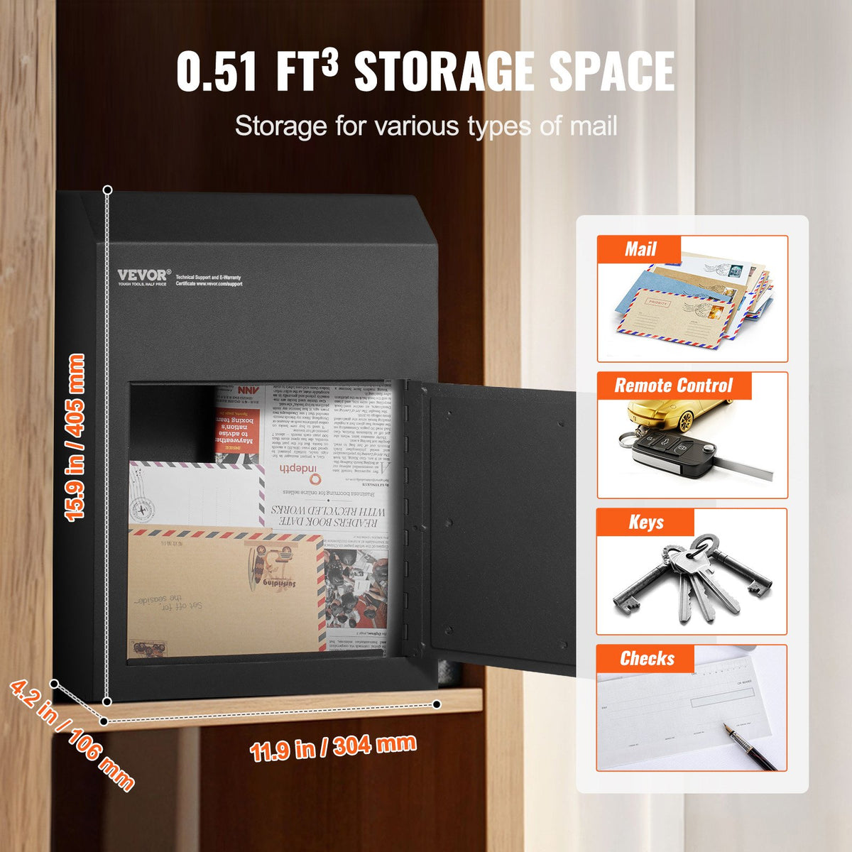 Through The Door Key Drop Box, Heavy Duty Steel Through the Door Mailbox with 1.8" 12" Key Lock, 12x6x16" Mail Drop Box, Black