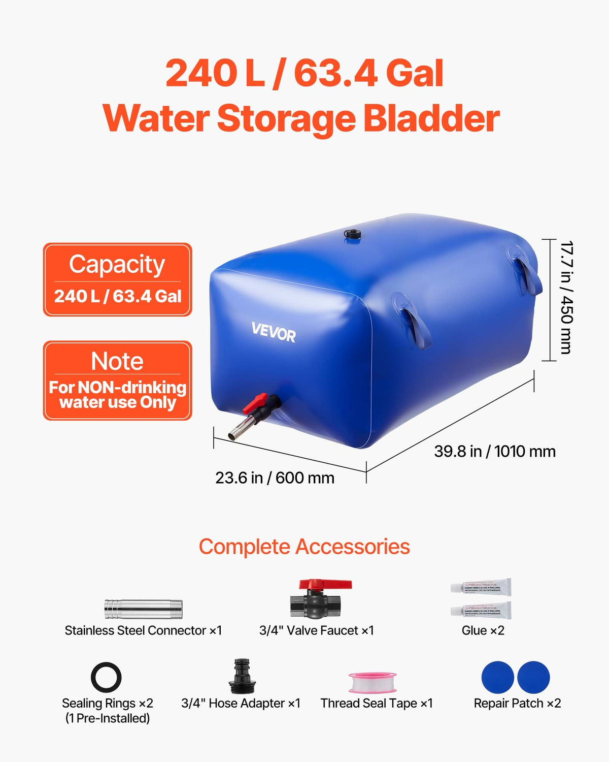 Water Storage Bladder 240L Large Capacity Water Bag, Portable & Collapsible Soft Waters Container, Leakproof & Tear-Resistant PVC Emergency Waters Storage Tank for RV Truck & Outdoor Use