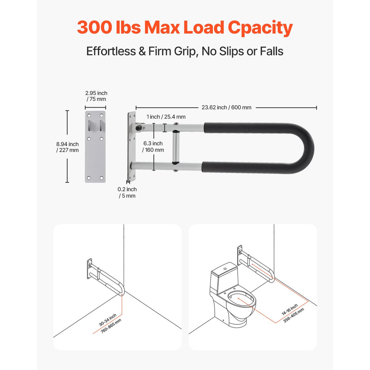 Toilet Safety Rail, 60.5 cm U-Shaped Handicap Grab Bar, Foldable Senior Safety Pole, Flip Up Toilet Grab Bars with Anti-Slip Support Handle, 136 kg Load Capacity for Elderly, Disabled, Pregnant