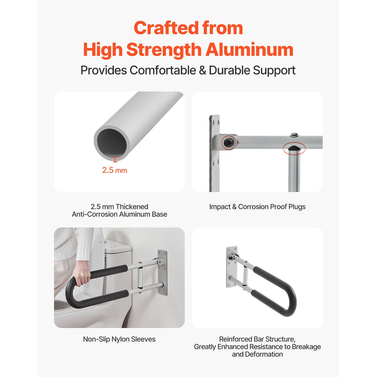 Toilet Safety Rail, 60.5 cm U-Shaped Handicap Grab Bar, Foldable Senior Safety Pole, Flip Up Toilet Grab Bars with Anti-Slip Support Handle, 136 kg Load Capacity for Elderly, Disabled, Pregnant