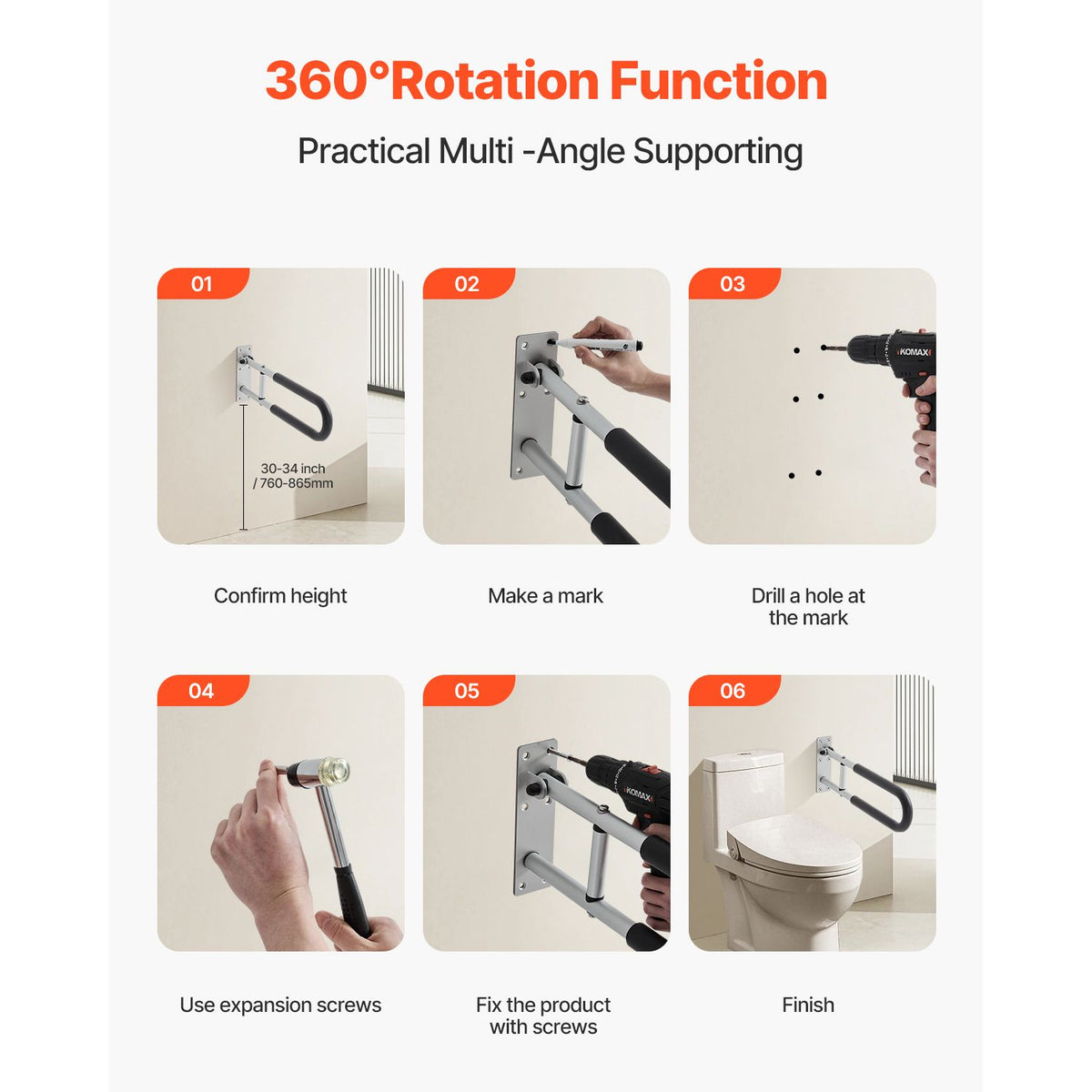 Toilet Safety Rail, 60.5 cm U-Shaped Handicap Grab Bar, Foldable Senior Safety Pole, Flip Up Toilet Grab Bars with Anti-Slip Support Handle, 136 kg Load Capacity for Elderly, Disabled, Pregnant