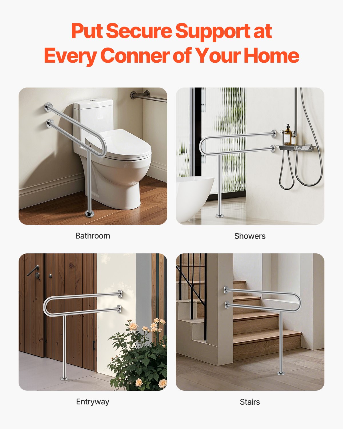 Toilet Safety Rail, 80 cm U-Shaped Handicap Grab Bar, 304 Stainless Steel Senior Safety Pole, Toilet Grab Bars with Anti-Slip Handle, 136 kg Load Capacity Security Handrail with Support Leg