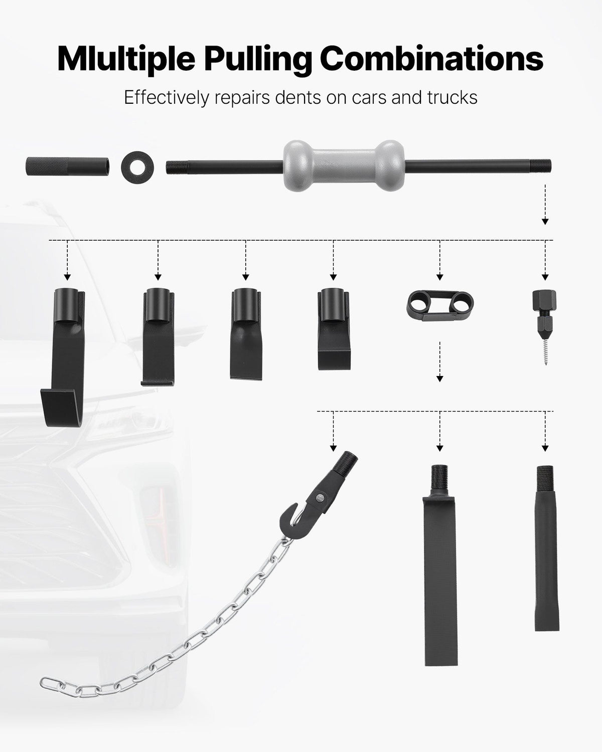 Dent Puller Kit, 4.54 kg 13-in-1 Slide Hammer Dent Removal Kit, Heavy-Duty Auto Body Truck Repair Automotive Damage Remover Tool Repair Frame with Carrying Case, Extension Rod, Non-Slip Handle