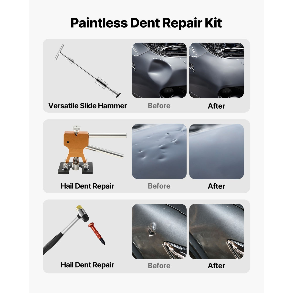 Dent Puller Kit, 61 PCS Paintless Dent Removal Kit with Golden Lifter, Slide Hammer T-Bar, Glue Gun, Auto Body Hail Damage Repair Remover Tools for Car Refrigerator Large Small Door Ding Repair
