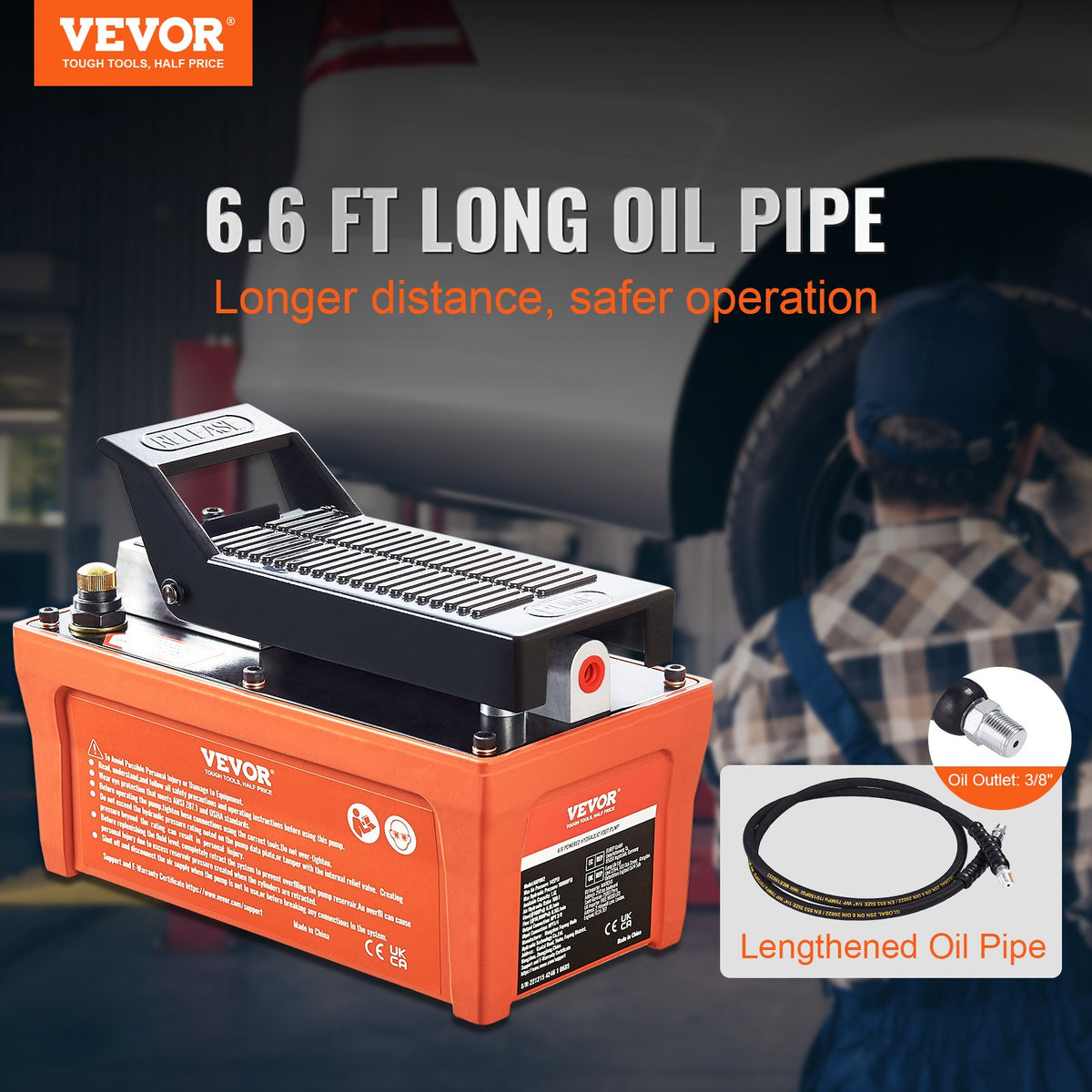 Air Hydraulic Pump, 10,000 PSI 1/2 Gal Reservoir, NPT 3/8" Oil Outlet, NPT 1/4" Inlet, 6.6 ft Pipe, Foot Actuated Hydraulic Pump Air Treadle for Auto Body Frame Machines and Pulling Post, Orange