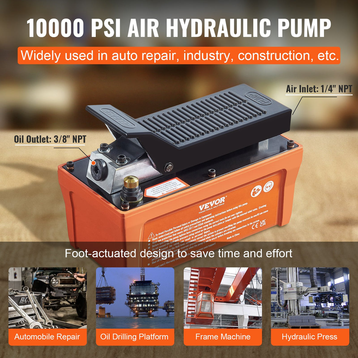 Air Hydraulic Pump, 10,000 PSI 1/2 Gal Reservoir, NPT 3/8" Oil Outlet, NPT 1/4" Inlet, 6.6 ft Pipe, Foot Actuated Hydraulic Pump Air Treadle for Auto Body Frame Machines and Pulling Post, Orange