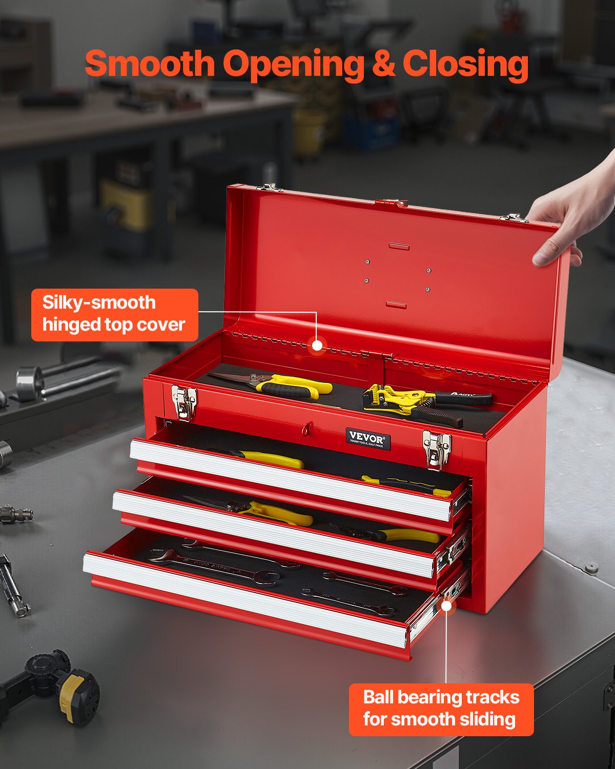 Tool Box 520 mm Portable Metal Tool Box 3 Drawers Tool Organizer Red