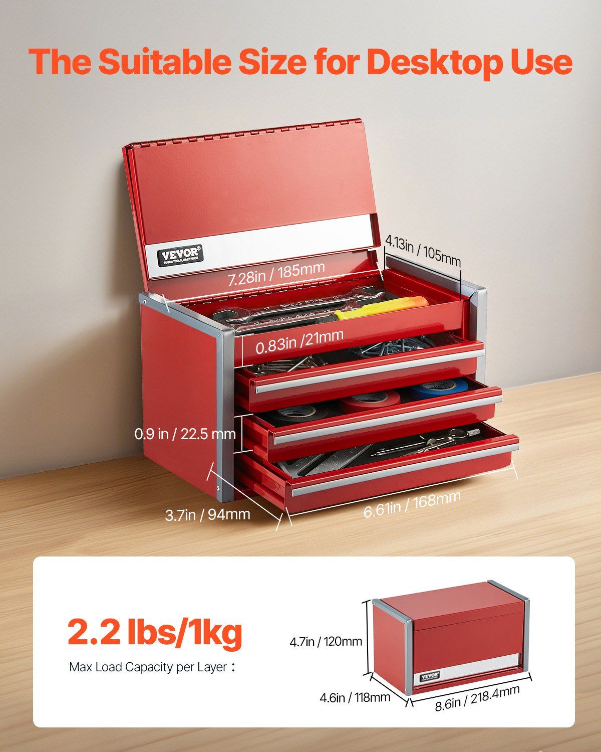Metal Tool Box, 8.6-inch, Portable Metal Tool Box with 3 Drawers, Small Tool Chest with EVA Liners and PP Feet Pads, Heavy-Duty Steel With Ball Bearing Opening and Powder Coated Finish, Red