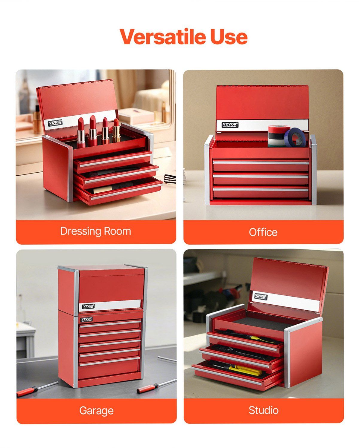 Metal Tool Box, 8.6-inch, Portable Metal Tool Box with 3 Drawers, Small Tool Chest with EVA Liners and PP Feet Pads, Heavy-Duty Steel With Ball Bearing Opening and Powder Coated Finish, Red