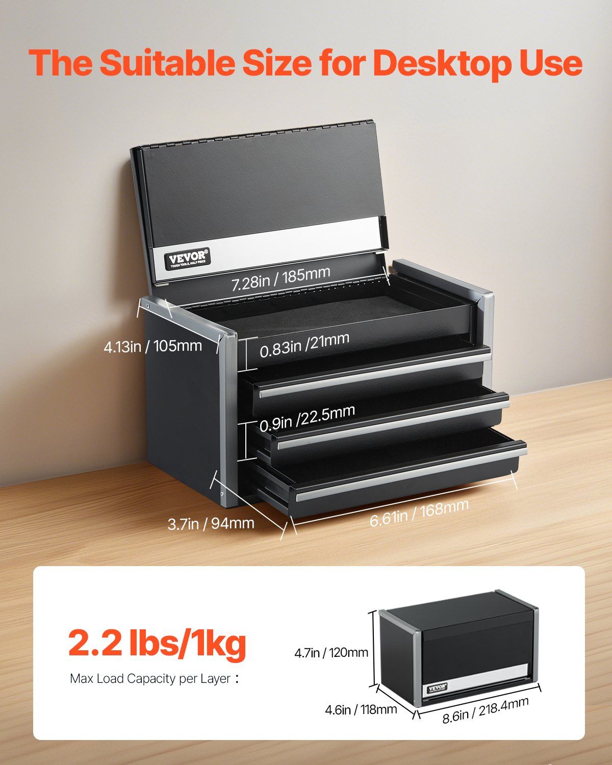 Metal Tool Box, 8.6-inch, Portable Metal Tool Box with 3 Drawers, Small Tool Chest with EVA Liners and PP Feet Pads, Heavy-Duty Steel With Ball Bearing Opening and Powder Coated Finish, Black