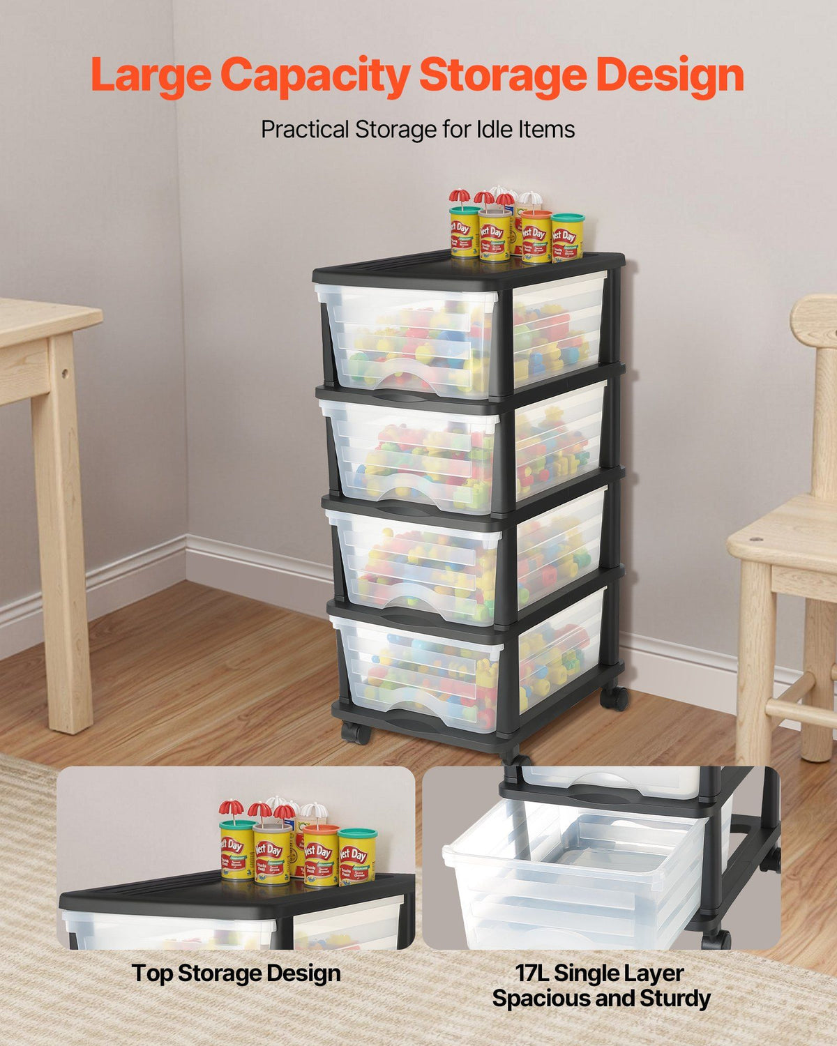 Plastic Storage Drawers Cart, 4 Drawers Storage Organizer with Wheels, Rolling Closet Organization and Storage Dividers, Dresser Organizer Clear Bins for Office Supplies, Craft Rooms, Classrooms