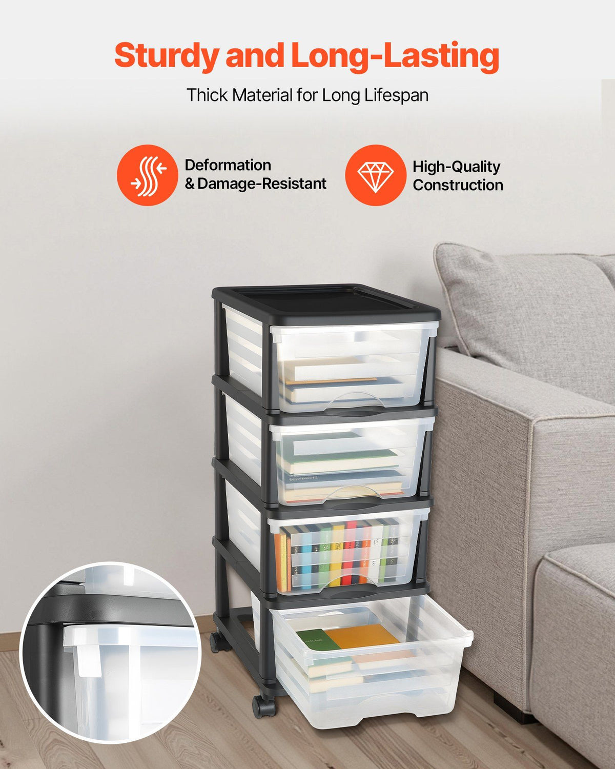 Plastic Storage Drawers Cart, 4 Drawers Storage Organizer with Wheels, Rolling Closet Organization and Storage Dividers, Dresser Organizer Clear Bins for Office Supplies, Craft Rooms, Classrooms