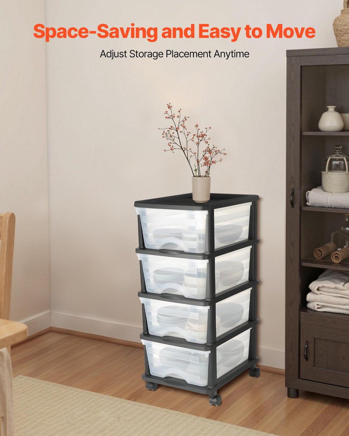 Plastic Storage Drawers Cart, 4 Drawers Storage Organizer with Wheels, Rolling Closet Organization and Storage Dividers, Dresser Organizer Clear Bins for Office Supplies, Craft Rooms, Classrooms