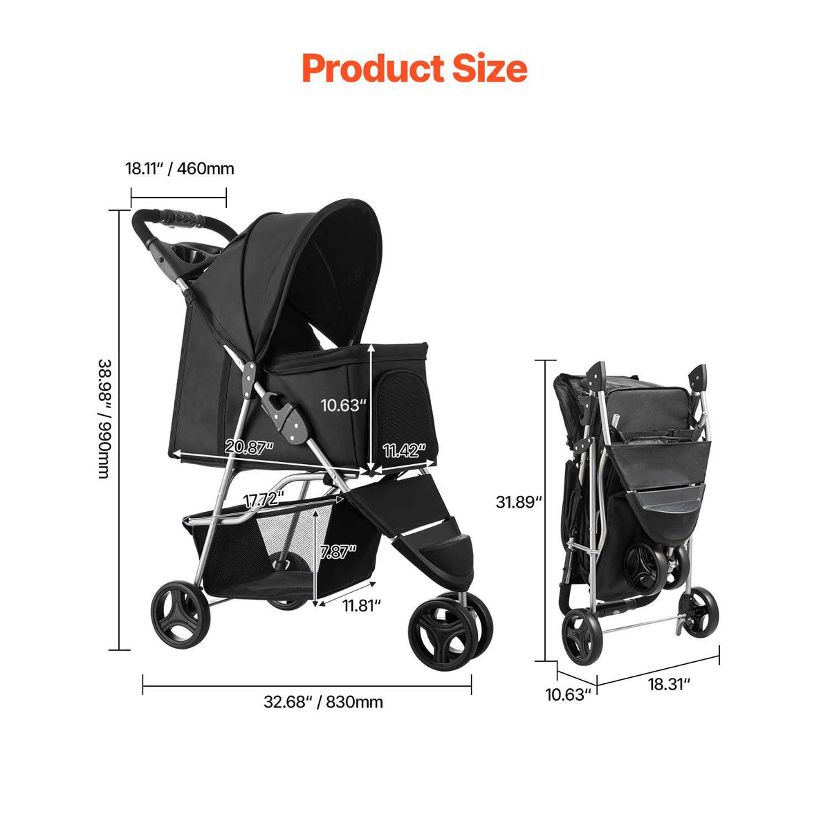 Pet Stroller, 16KG Weight Capacity, Foldable Dog Stroller Cart, 3 Wheels Cats Strollers with Mesh Windows and Cup Holders, Portable Pet Carrier Strollers with Brake, for Small to Medium Pets