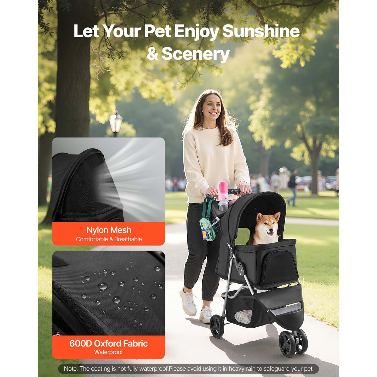 Pet Stroller, 16KG Weight Capacity, Foldable Dog Stroller Cart, 3 Wheels Cats Strollers with Mesh Windows and Cup Holders, Portable Pet Carrier Strollers with Brake, for Small to Medium Pets