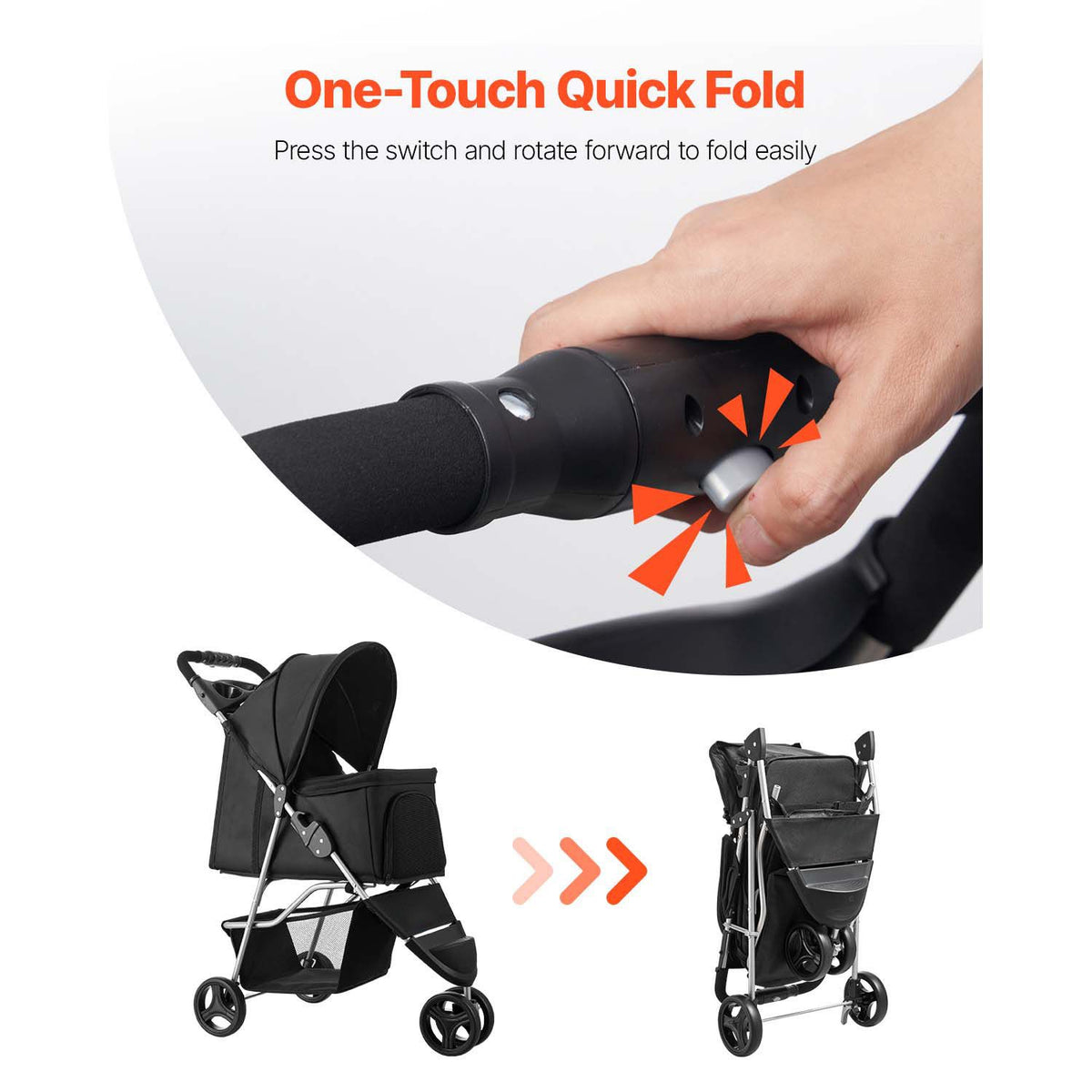 Pet Stroller, 16KG Weight Capacity, Foldable Dog Stroller Cart, 3 Wheels Cats Strollers with Mesh Windows and Cup Holders, Portable Pet Carrier Strollers with Brake, for Small to Medium Pets