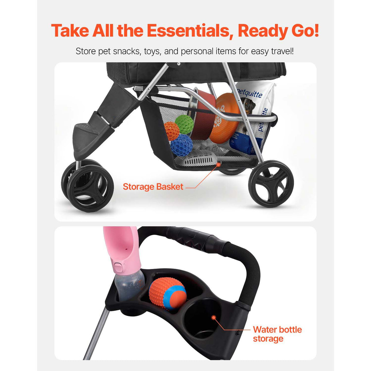 Pet Stroller, 16KG Weight Capacity, Foldable Dog Stroller Cart, 3 Wheels Cats Strollers with Mesh Windows and Cup Holders, Portable Pet Carrier Strollers with Brake, for Small to Medium Pets