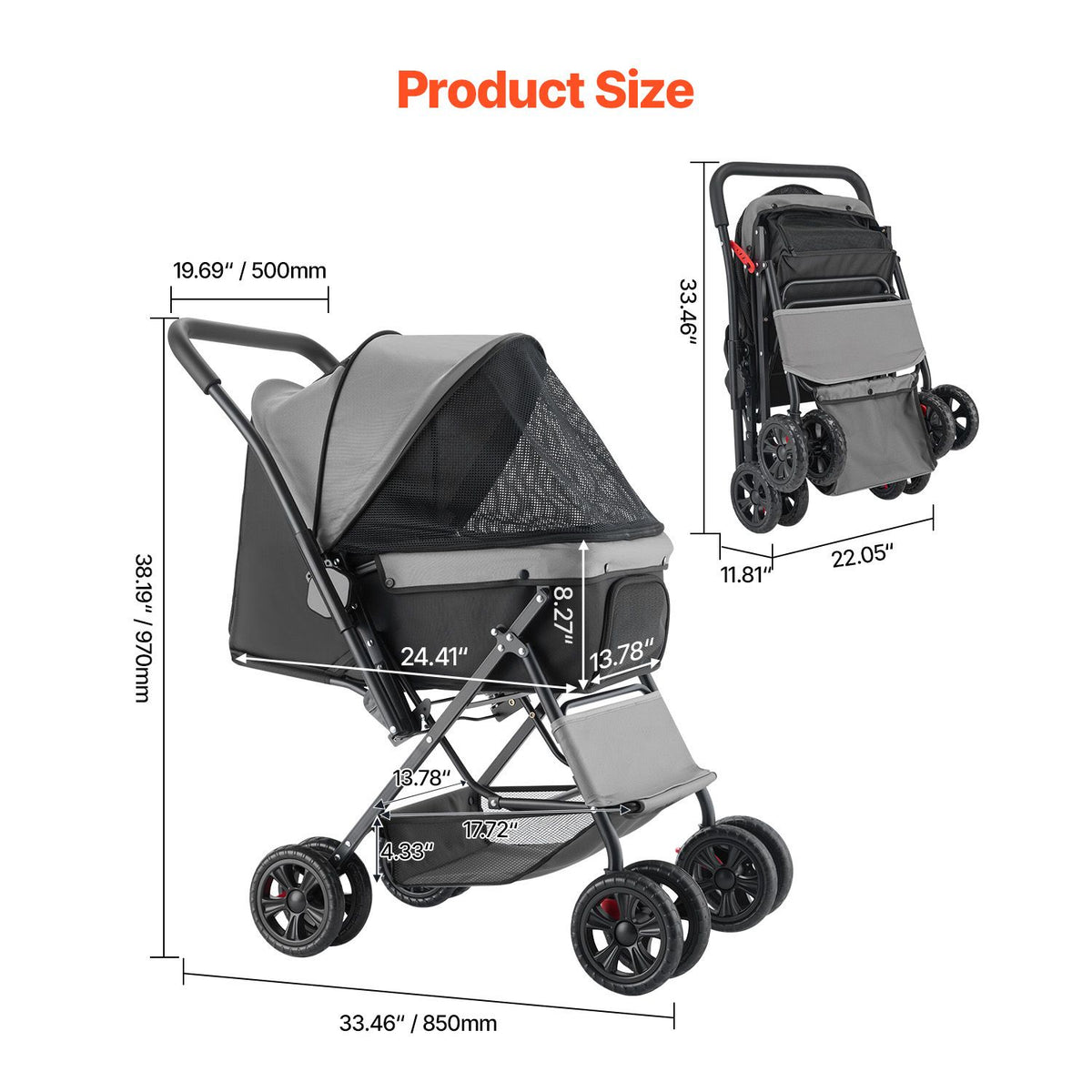 Pet Stroller, 20KG Weight Capacity, Foldable Dog Stroller Cart, 4 Wheels Cats Stroller with Mesh Windows & Revrsible Handle, Portable Pet Carrier Stroller with Brake, for Small to Medium Pets
