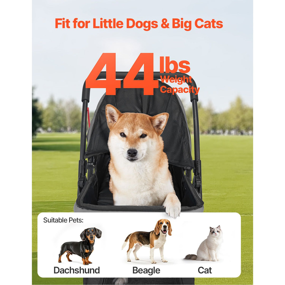Pet Stroller, 20KG Weight Capacity, Foldable Dog Stroller Cart, 4 Wheels Cats Stroller with Mesh Windows & Revrsible Handle, Portable Pet Carrier Stroller with Brake, for Small to Medium Pets
